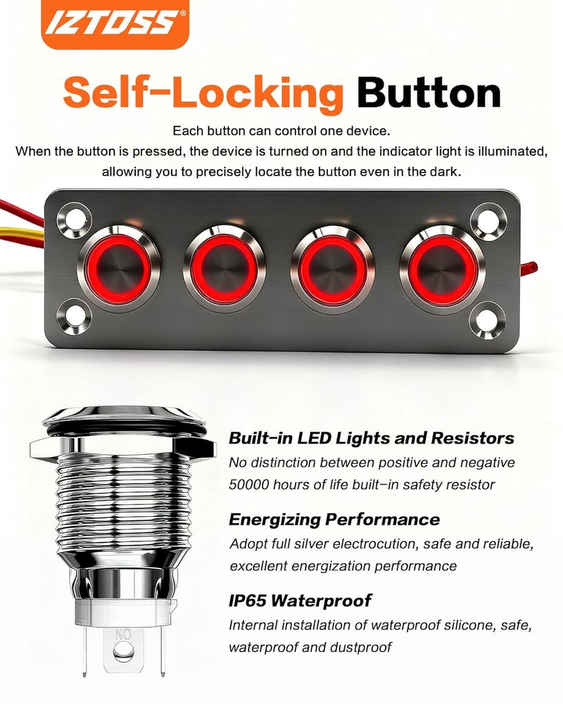 IZTOSS 4 Gang Aluminum Marine Rocker Switch Panel - Pre-Wired with Red LED Indicator, 12-24 V Multi-Function Rocker Switch - Ideal for Marine motorhomes, Yachts - Image 2